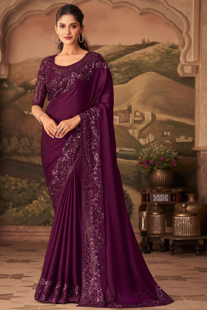 Art Silk Fabric Wine Color Party Wear Fantastic Saree With Embroidered Work