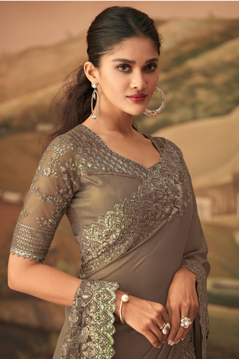 Embroidered Work Georgette Fabric Chikoo Color Party Wear Supreme Saree