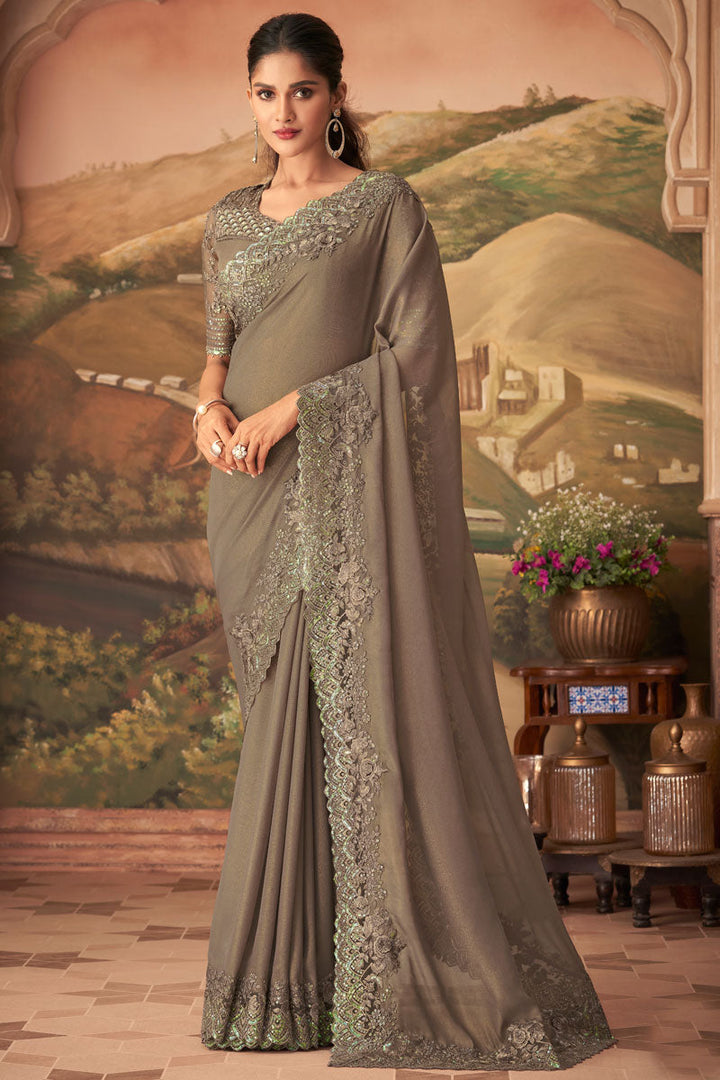 Embroidered Work Georgette Fabric Chikoo Color Party Wear Supreme Saree