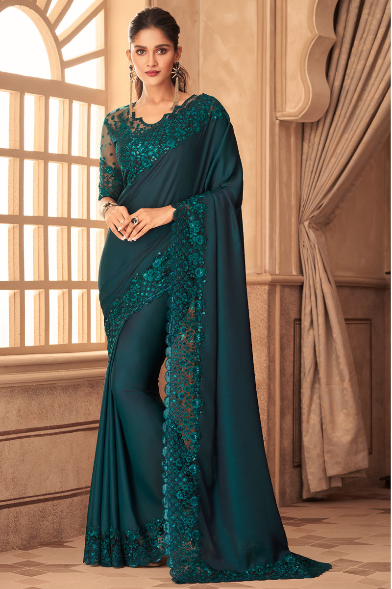 Party Wear Art Silk Fabric Teal Color Admirable Saree With Embroidered Work