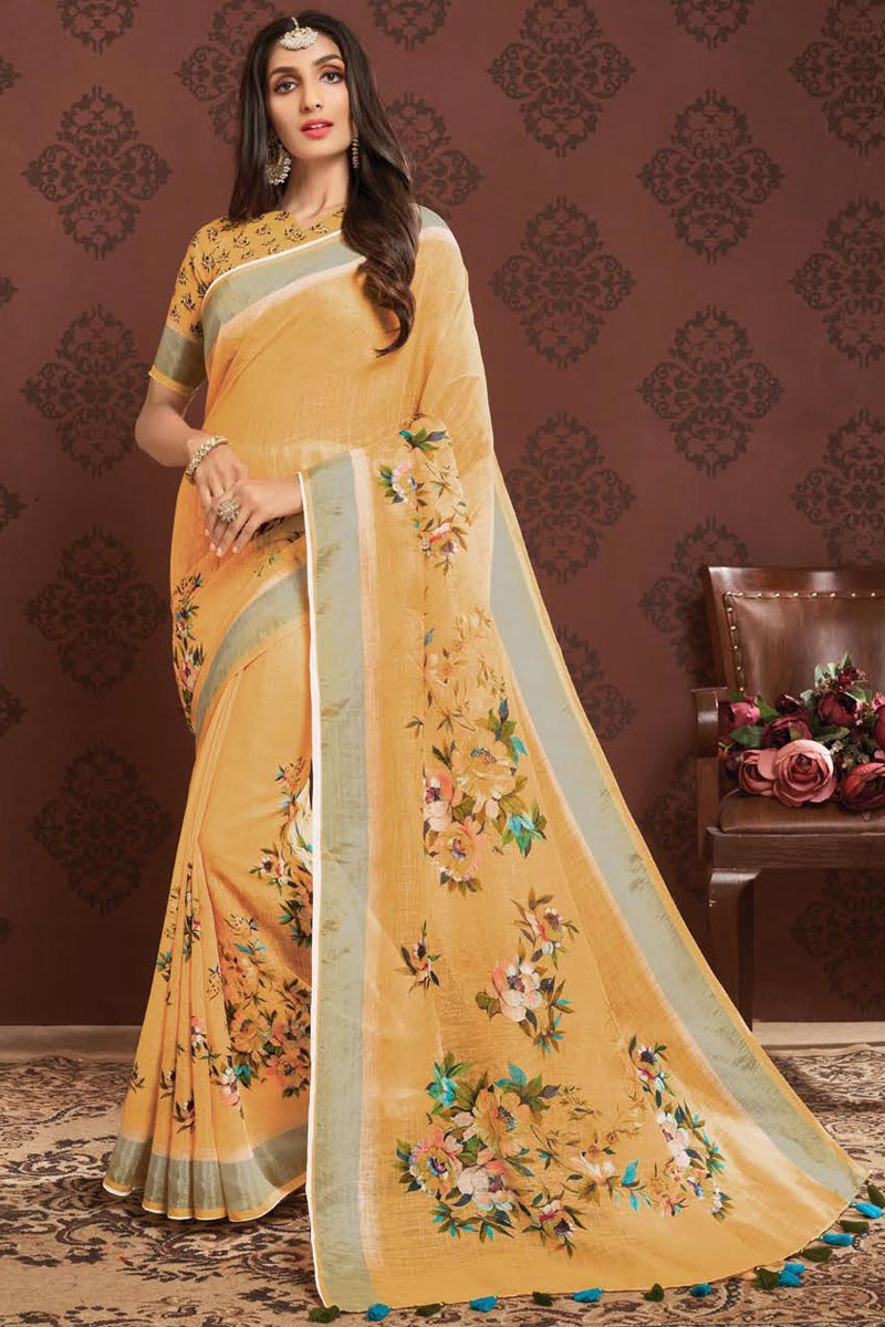 Mustard Color Festive Wear Alluring Linen Fabric Printed Saree