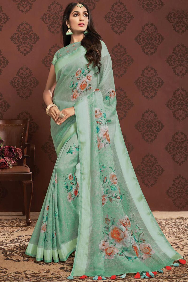 Festive Wear Linen Fabric Alluring Sea Green Color Printed Saree