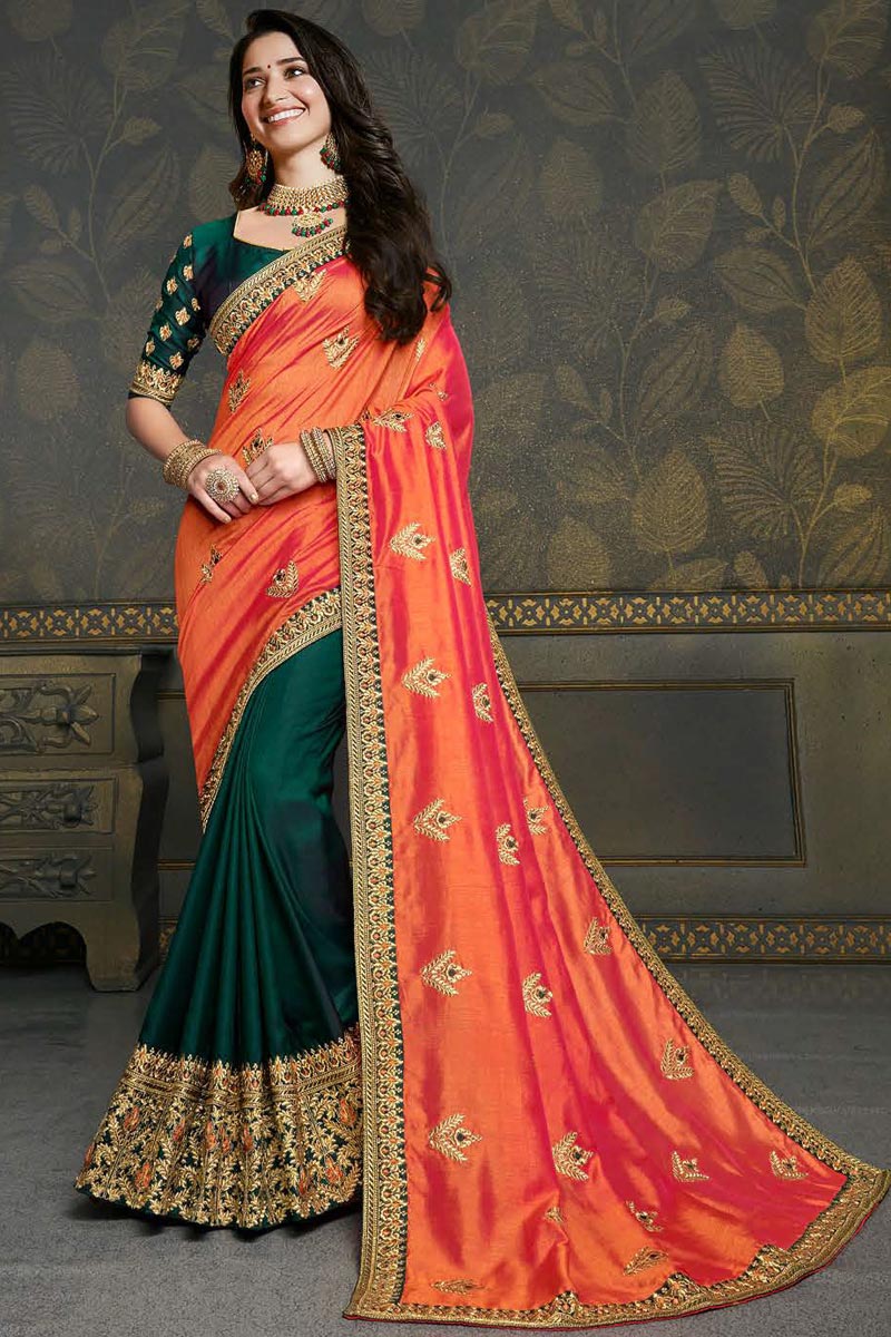Tamannaah Bhatia Dark Green Color Puja Wear Art Silk Fabric Fancy Embroidery Work Saree