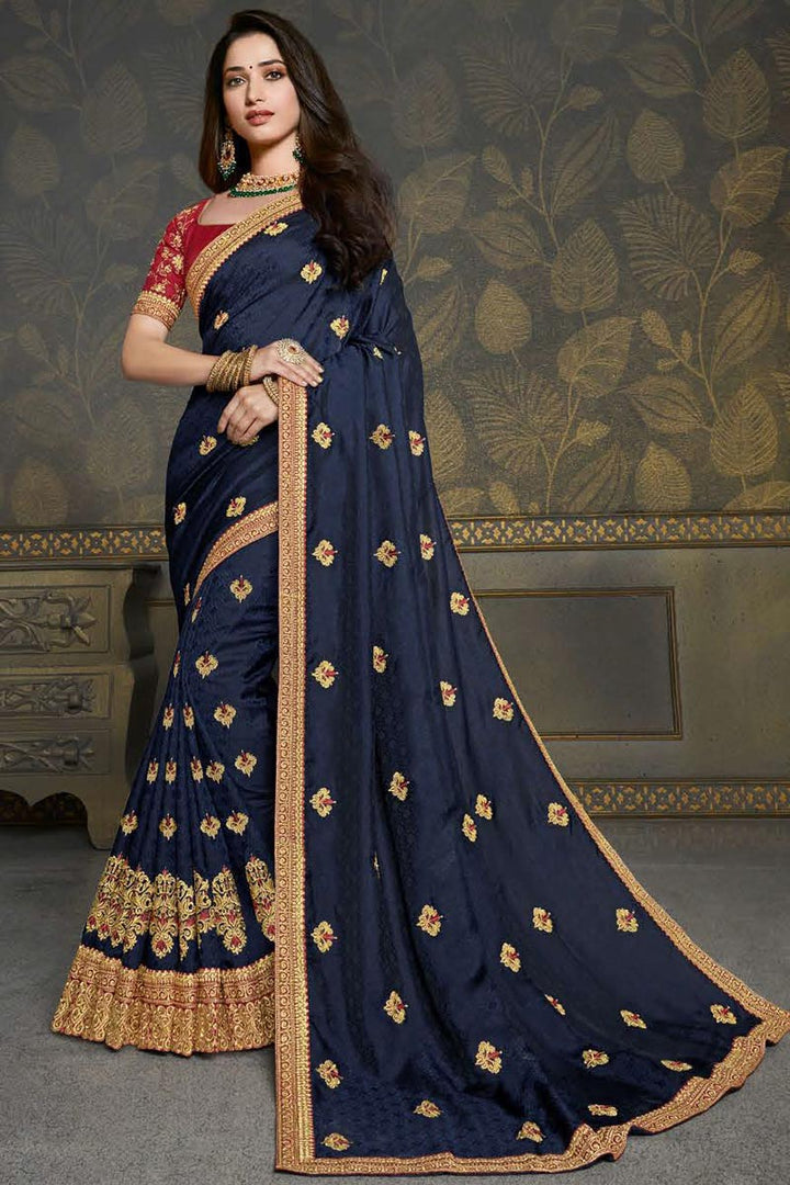 Tamannaah Bhatia Function Wear Navy Blue Color Fancy Art Silk Fabric Embroidery Work Saree