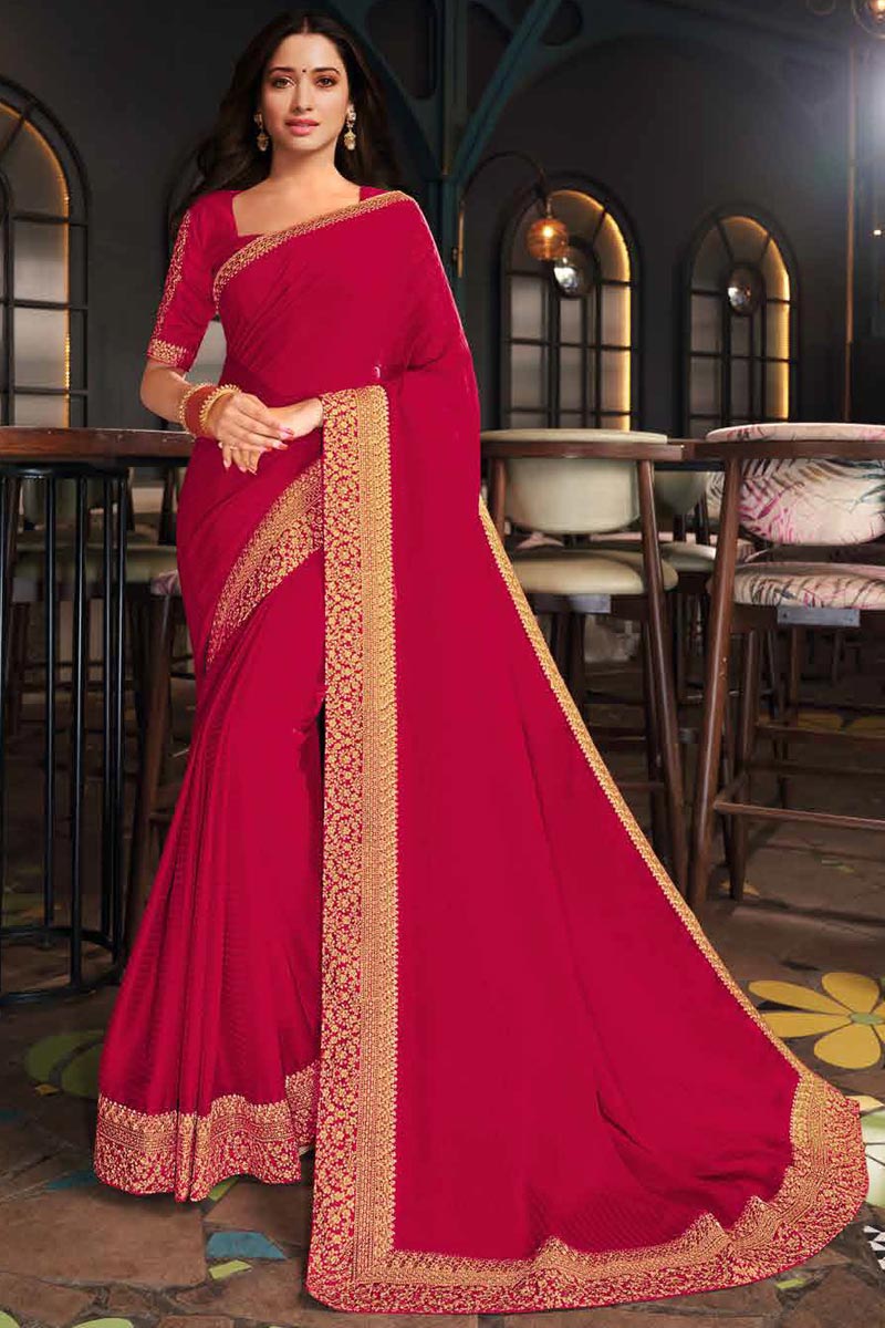 Tamanna Bhatia Festive Wear Rani Color Art Silk Fabric Border Work Saree