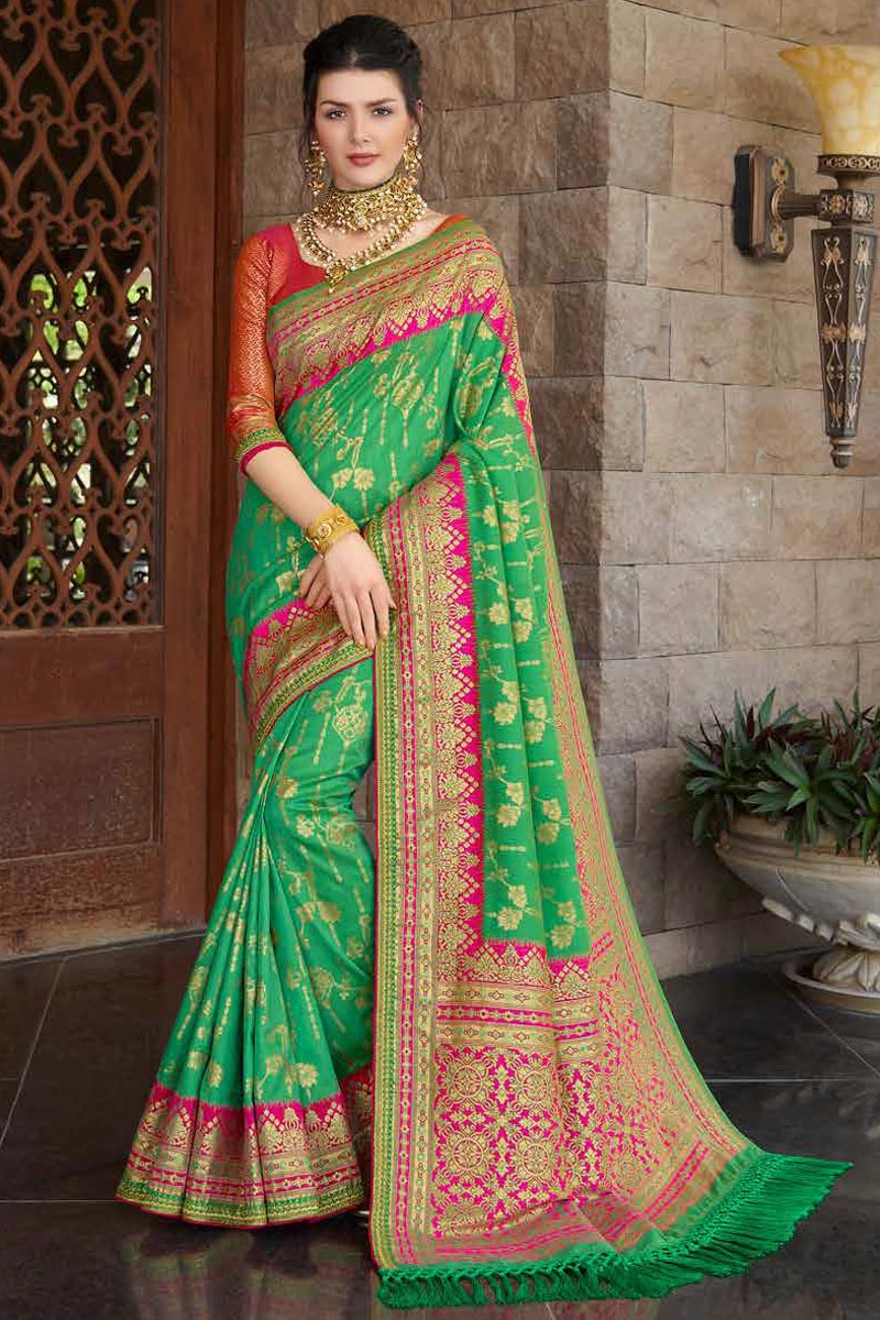 Art Silk Sangeet Wear Green Color Weaving Work Saree