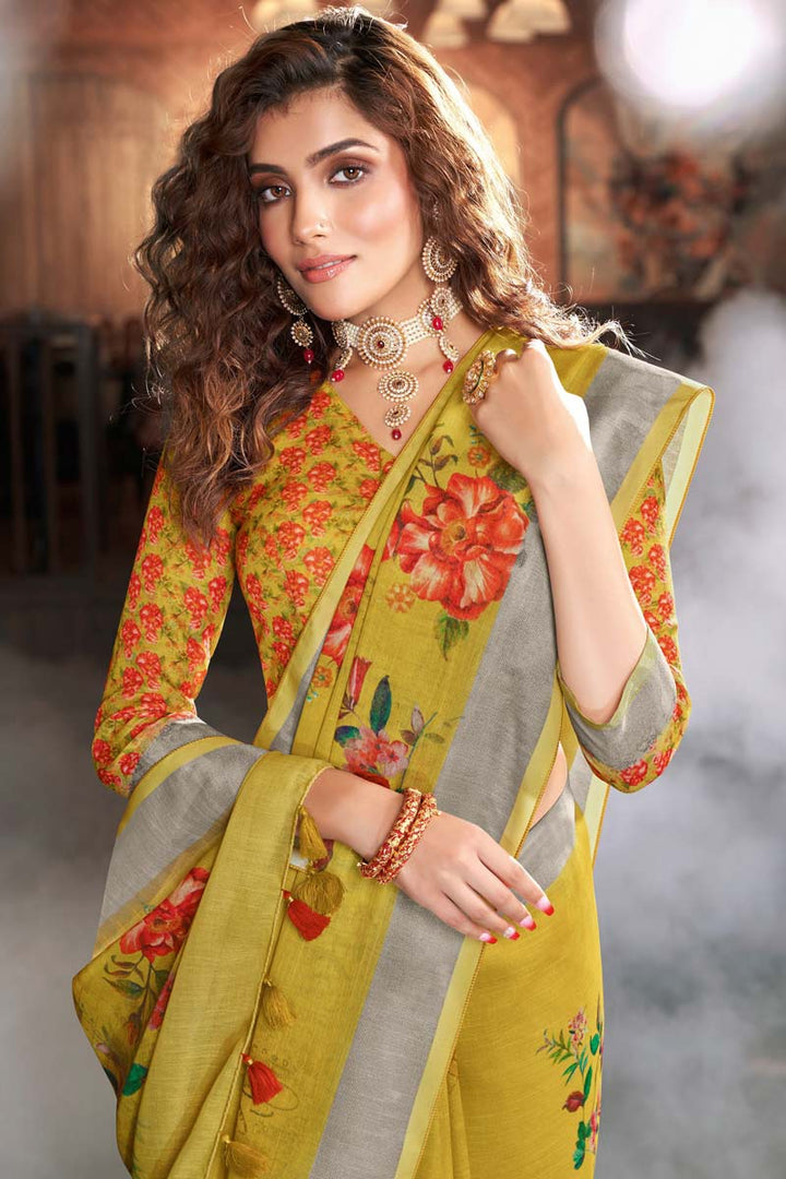 Digital Printed Work Linen Fabric Mustard Color Festival Wear Incredible Saree