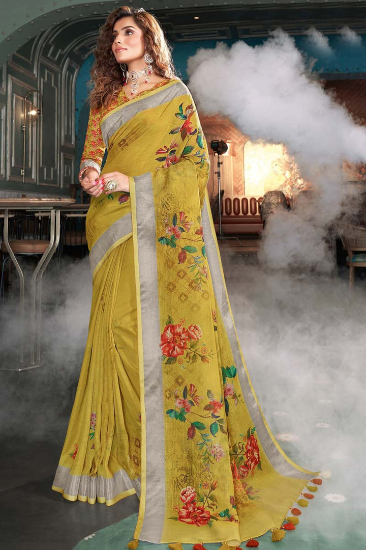 Digital Printed Work Linen Fabric Mustard Color Festival Wear Incredible Saree