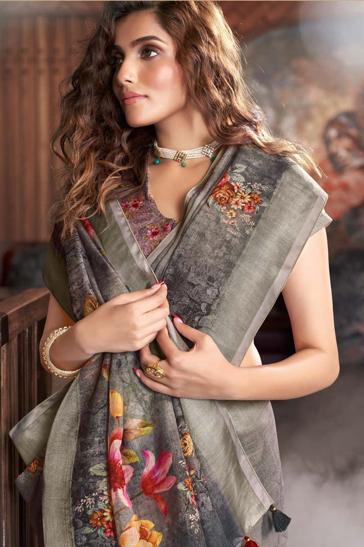 Linen Fabric Grey Color Festival Wear Fantastic Saree With Digital Printed Work