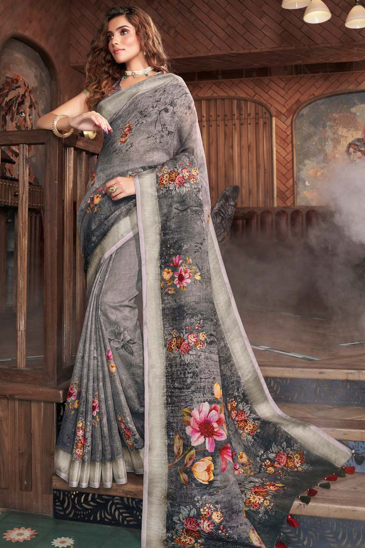 Linen Fabric Grey Color Festival Wear Fantastic Saree With Digital Printed Work