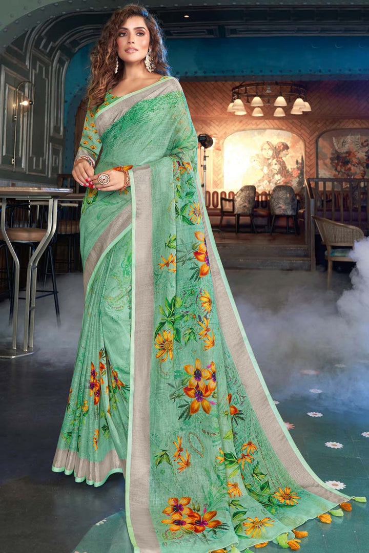 Digital Printed Work On Linen Fabric Festival Wear Charming Saree In Sea Green Color