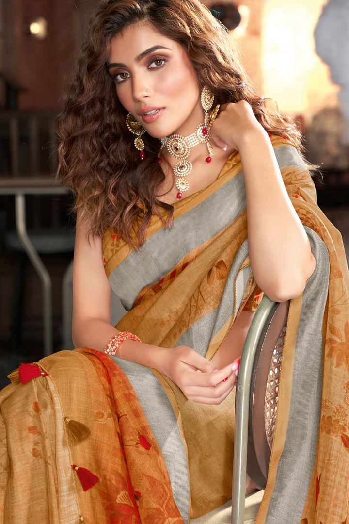 Chikoo Color Digital Printed Work Linen Fabric Splendid Saree In Festival Wear