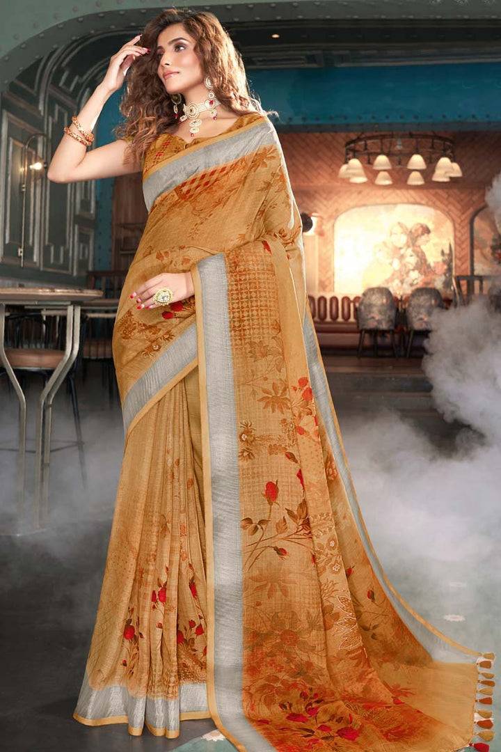 Chikoo Color Digital Printed Work Linen Fabric Splendid Saree In Festival Wear