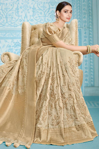 Exquisite Embroidered Work Silk Fabric Function Wear Saree Featuring Tamannaah Bhatia In Beige Color