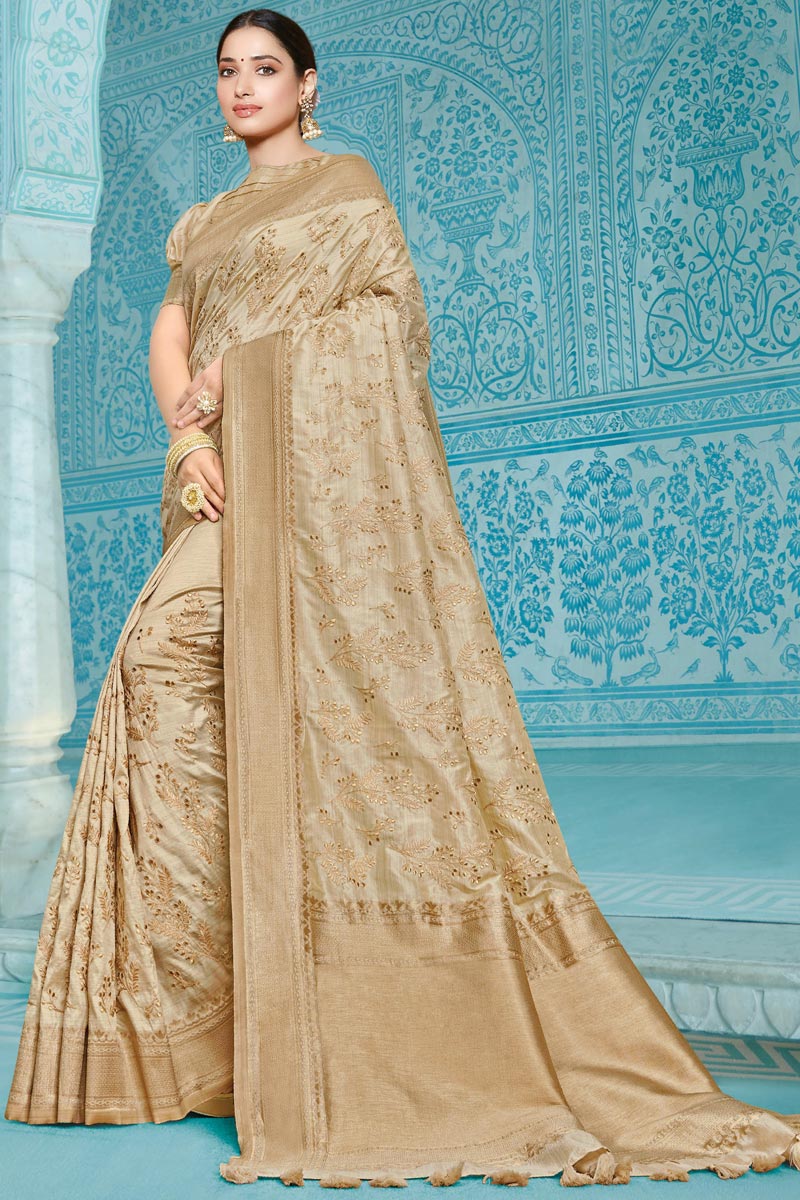 Exquisite Embroidered Work Silk Fabric Function Wear Saree Featuring Tamannaah Bhatia In Beige Color