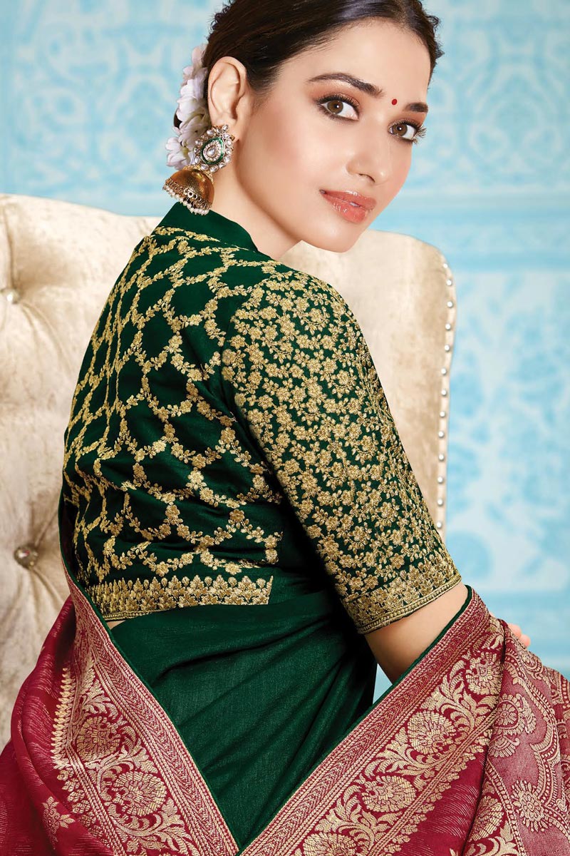 Dark Green Color Silk Fabric Function Wear Magnificent Embroidered Work Saree Featuring Tamannaah Bhatia