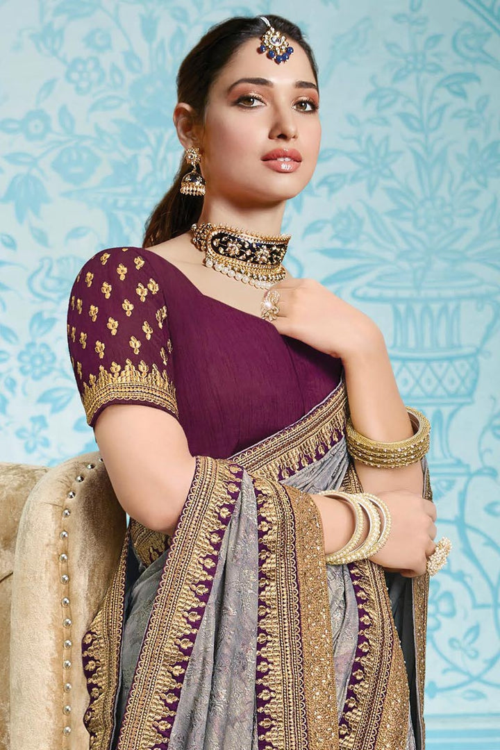 Grey Color Silk Fabric Function Wear Charismatic Embroidered Work Saree Featuring Tamannaah Bhatia