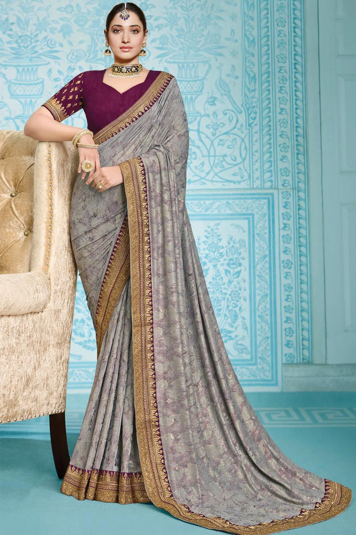 Grey Color Silk Fabric Function Wear Charismatic Embroidered Work Saree Featuring Tamannaah Bhatia