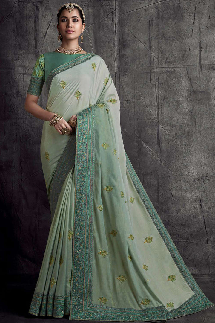 Sea Green Color Border Work Art Silk Fabric Party Wear Stunning Saree