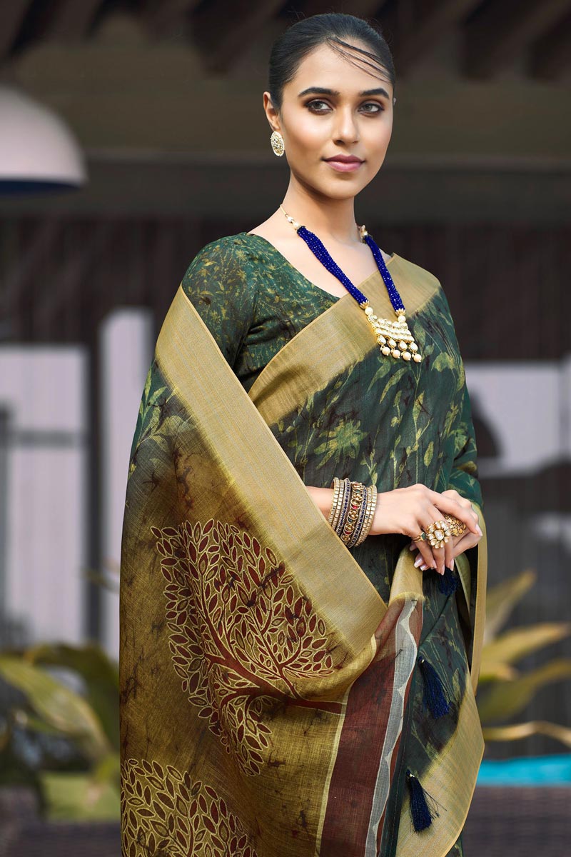 Teal Color Brilliant Linen Digital Printed Saree