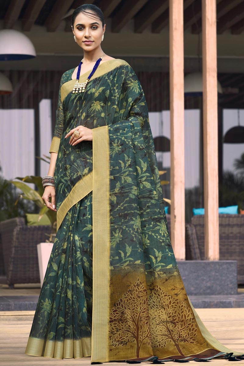 Teal Color Brilliant Linen Digital Printed Saree