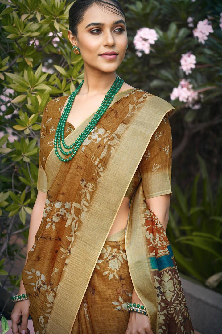 Imposing Linen Digital Printed Saree In Mustard Color