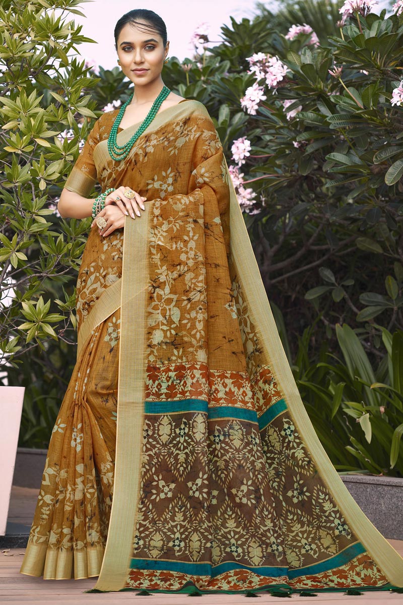 Imposing Linen Digital Printed Saree In Mustard Color