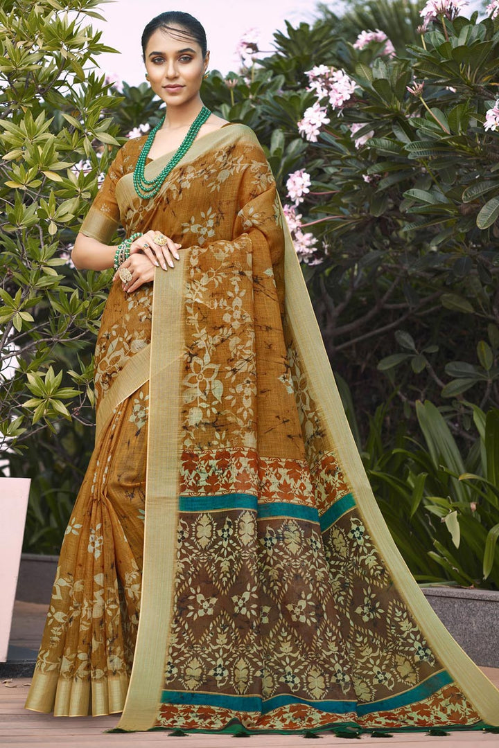 Imposing Linen Digital Printed Saree In Mustard Color