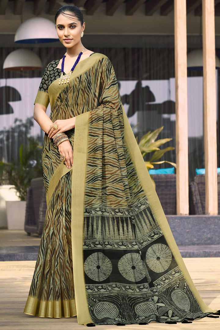 Soothing Linen Digital Printed Saree In Multi Color