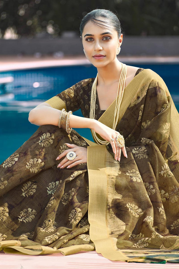 Brown Color Glorious Linen Digital Printed Saree