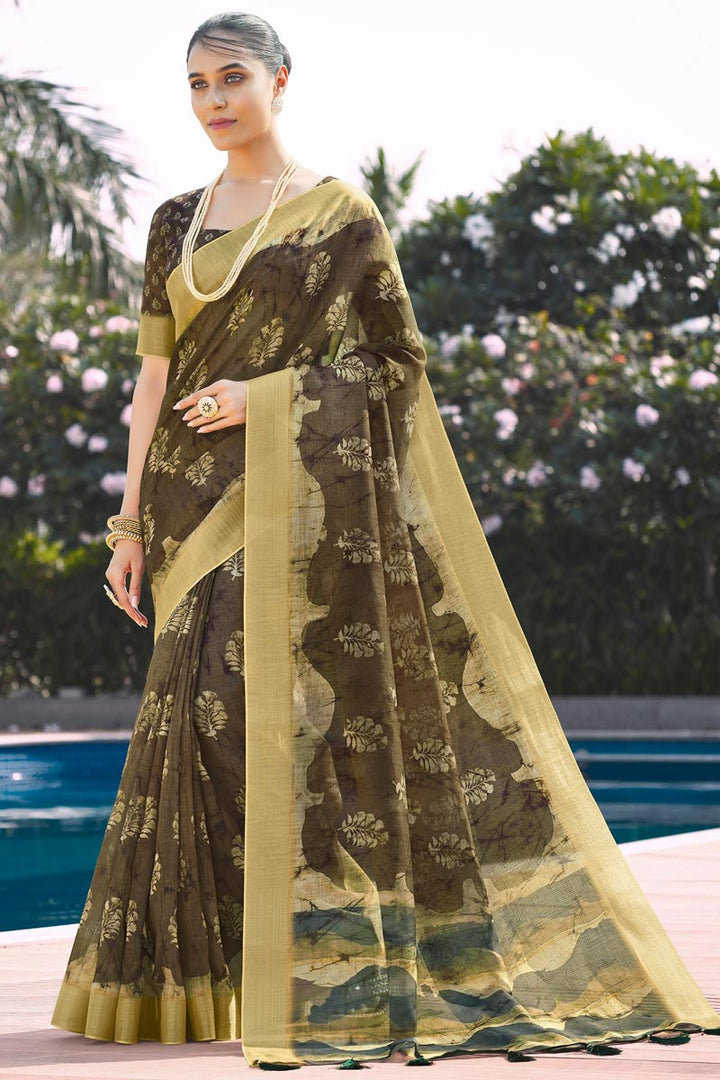 Brown Color Glorious Linen Digital Printed Saree
