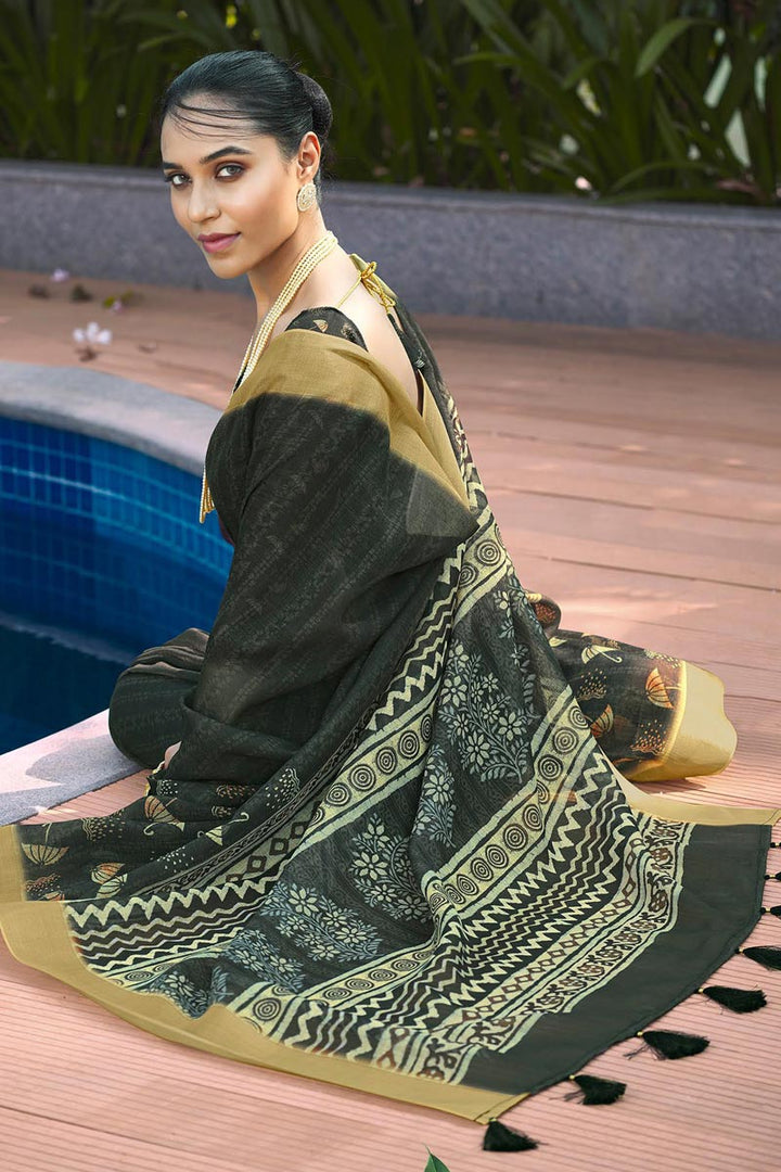 Delicate Dark Green Color Linen Digital Printed Saree