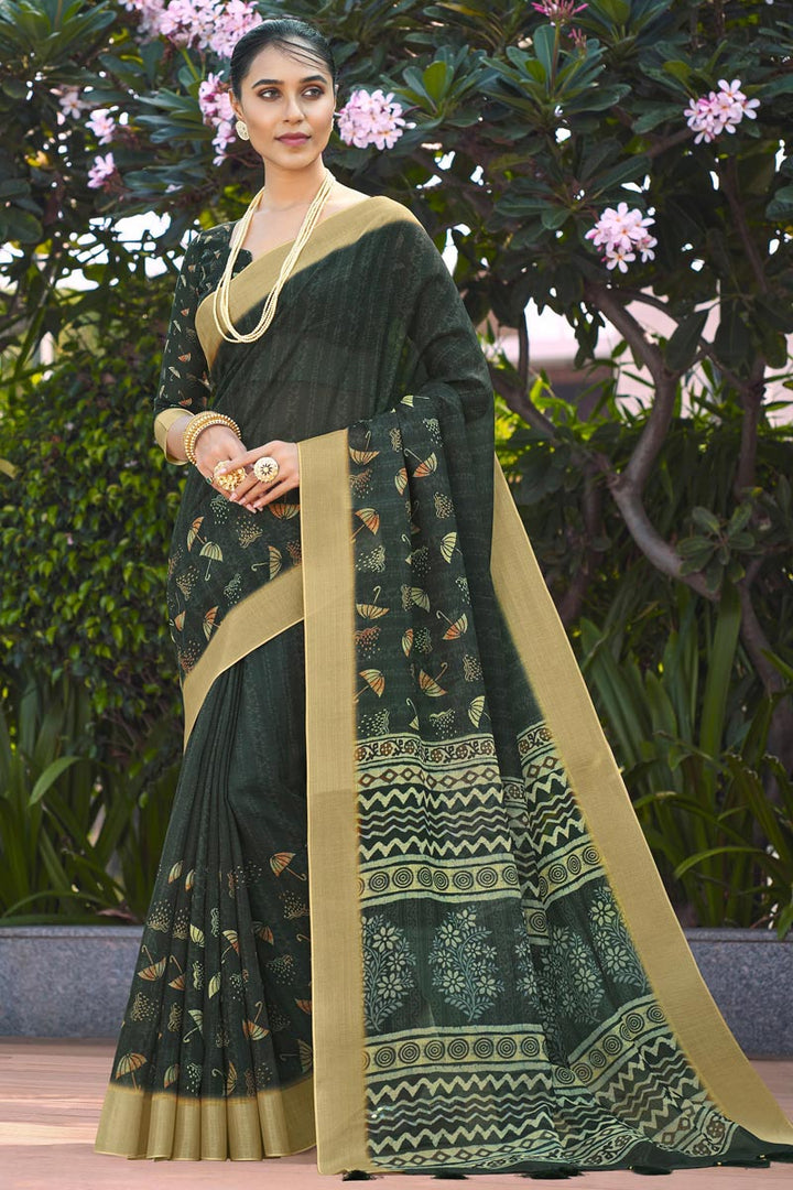 Delicate Dark Green Color Linen Digital Printed Saree