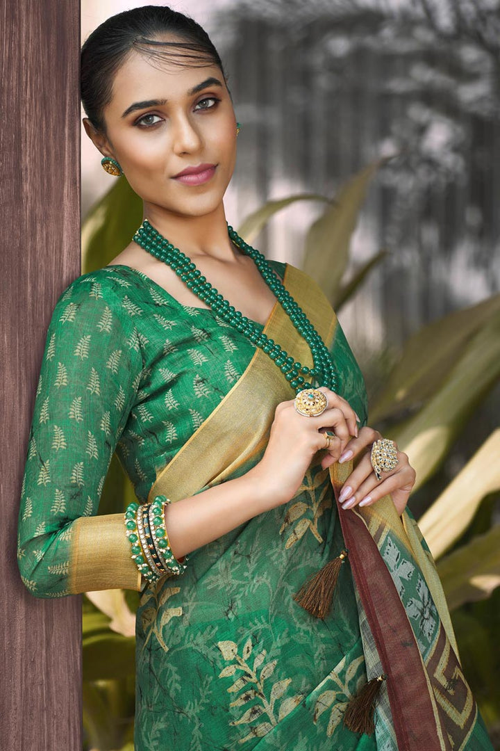 Blazing Green Color Linen Digital Printed Saree