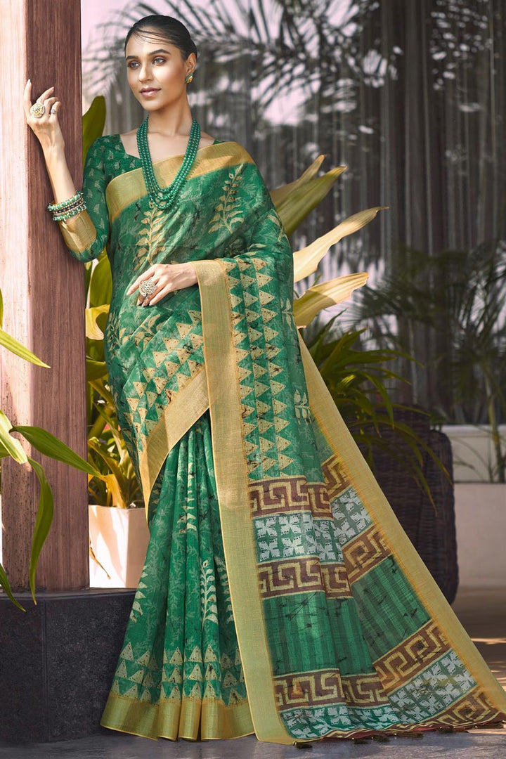Blazing Green Color Linen Digital Printed Saree