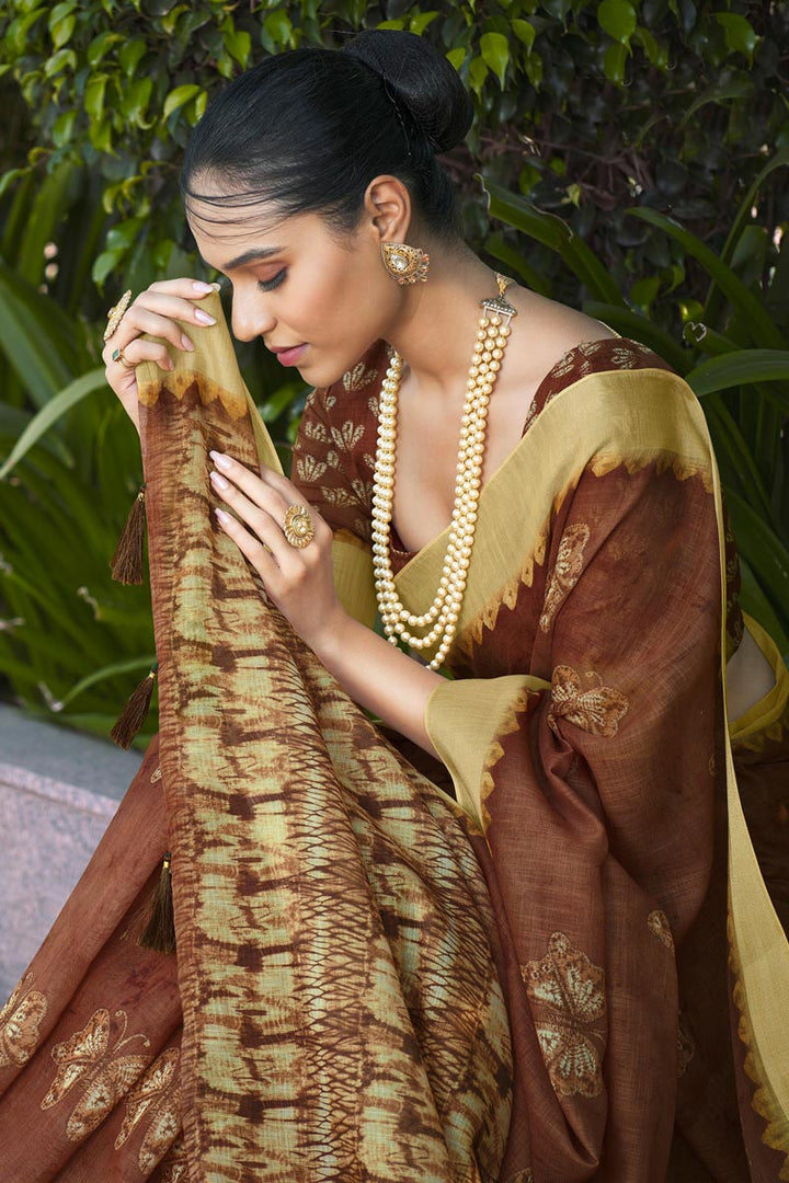 Brown Color Gorgeous Linen Digital Printed Saree