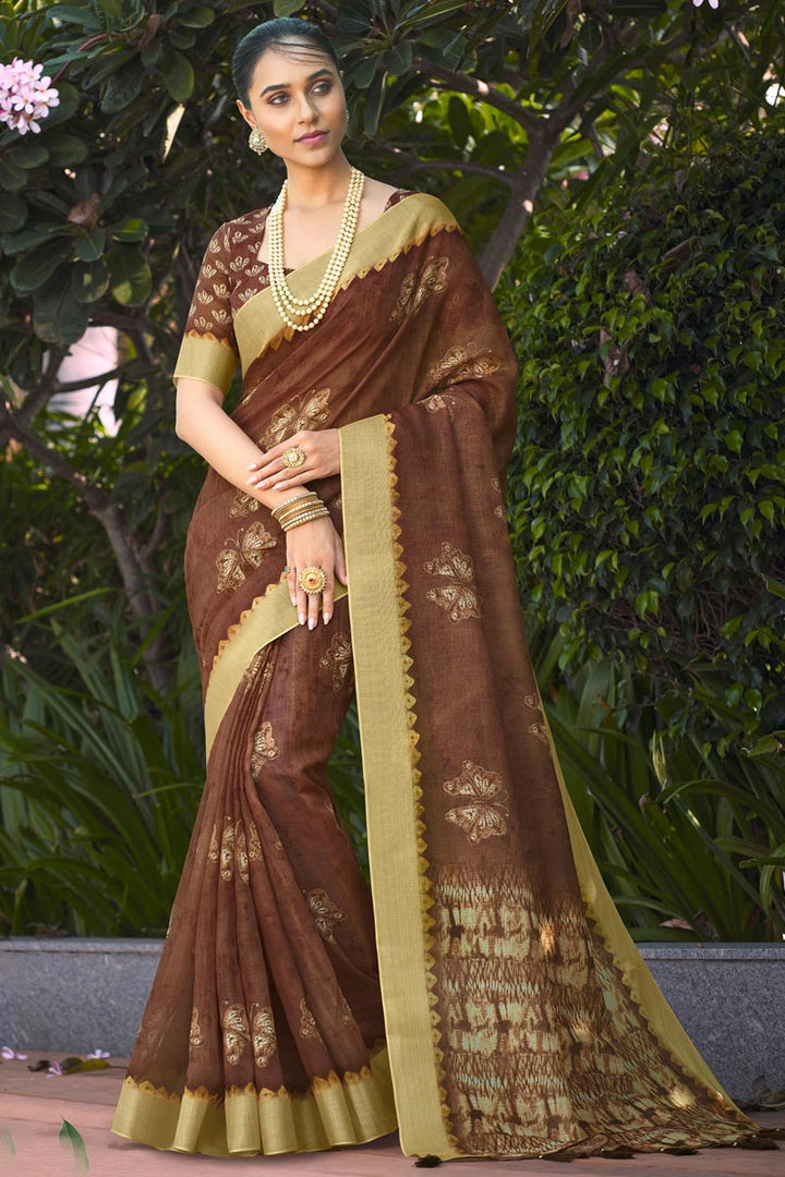 Brown Color Gorgeous Linen Digital Printed Saree