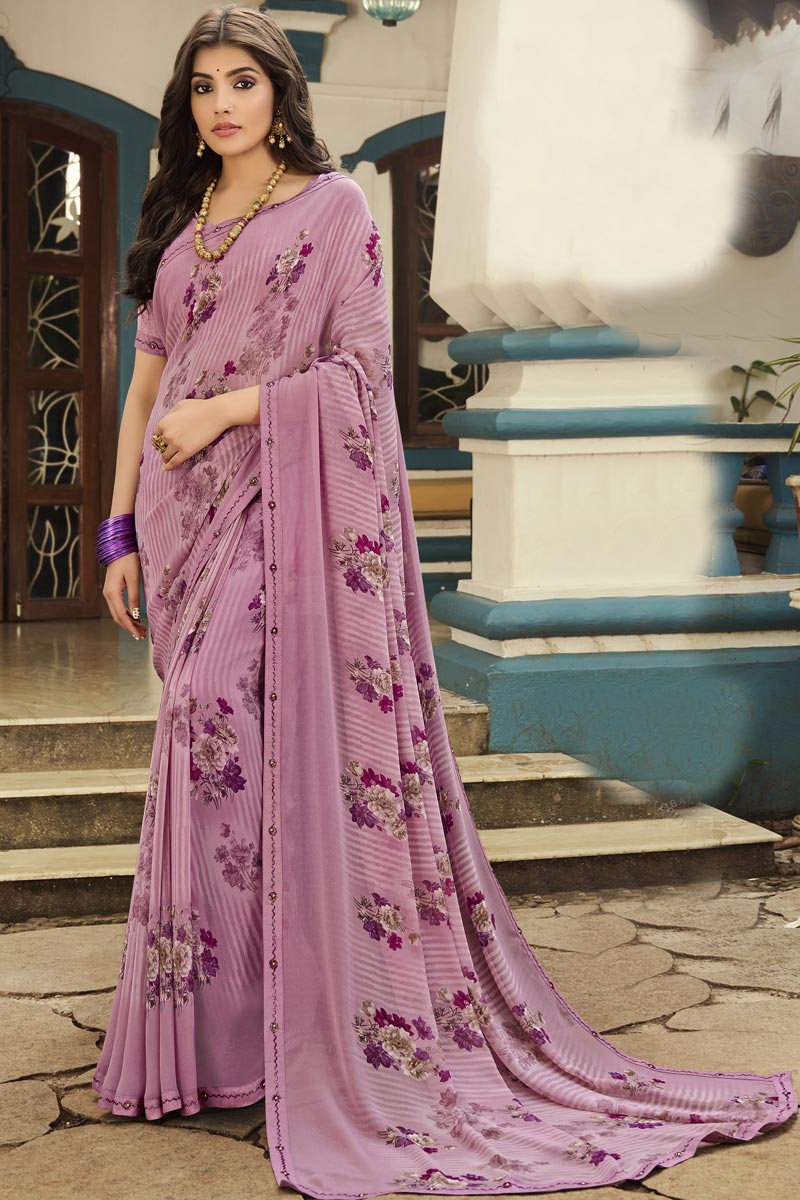Lavender Color Georgette Fabric Printed Daily Wear Simple Saree