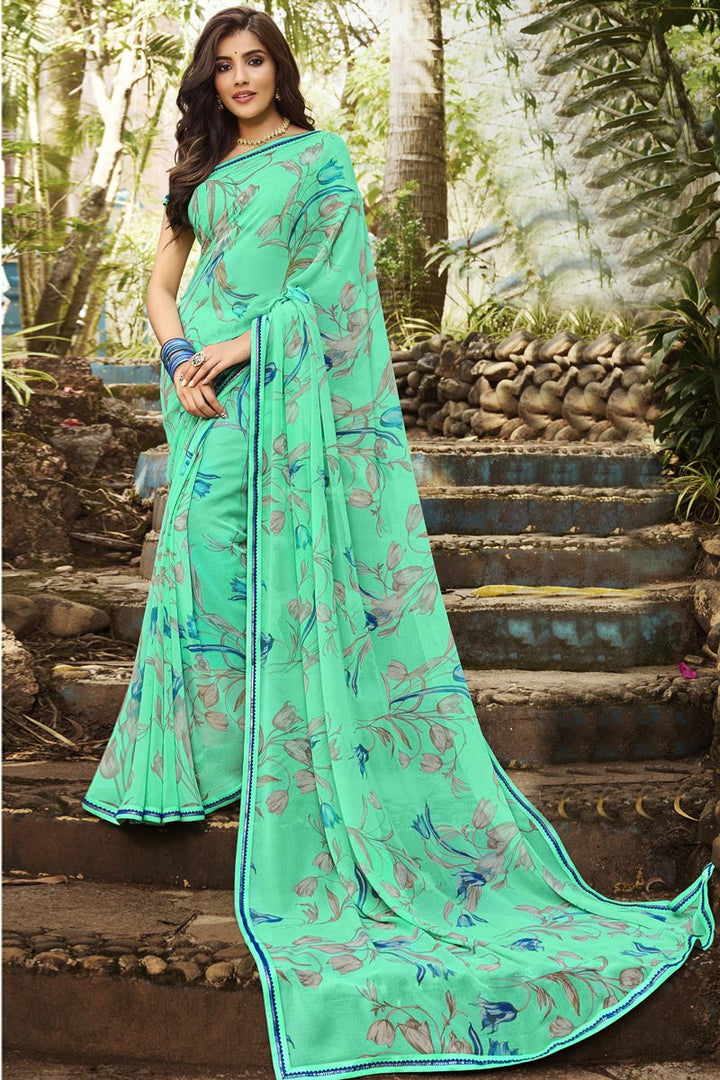 Sea Green Color Georgette Fabric Regular Wear Printed Saree