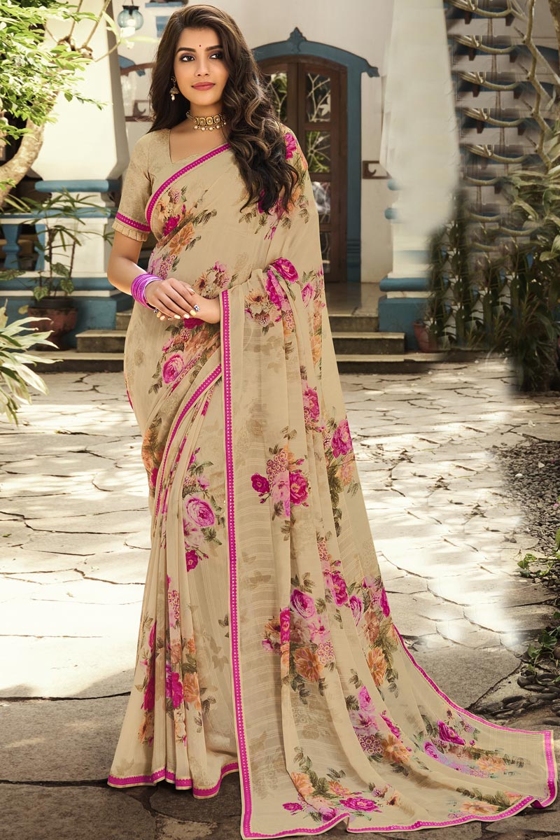Cream Color Georgette Fabric Fancy Printed Daily Wear Saree