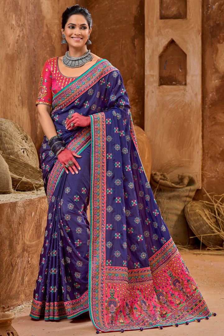 Heavy Embroidered Blue Color Banarasi Silk Fabric Reception Wear Saree