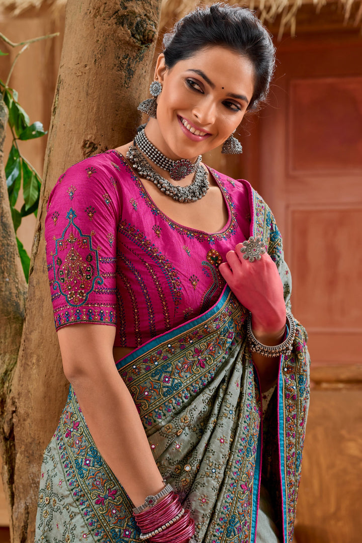 Grey Color Banarasi Silk Fabric Sangeet Wear Heavy Embroidered Saree