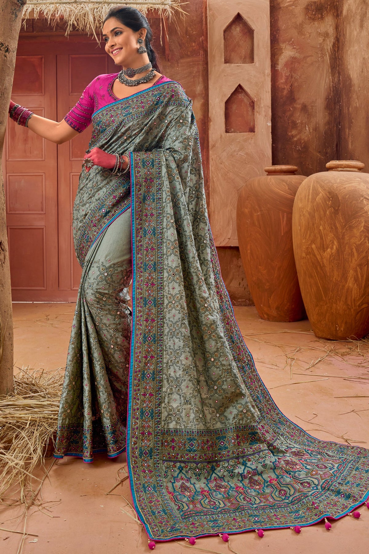 Grey Color Banarasi Silk Fabric Sangeet Wear Heavy Embroidered Saree