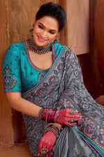 Load image into Gallery viewer, Grey Color Banarasi Silk Fabric Heavy Embroidered Wedding Wear Fancy Saree
