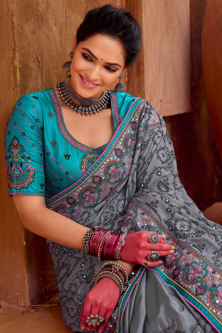 Grey Color Banarasi Silk Fabric Heavy Embroidered Wedding Wear Fancy Saree