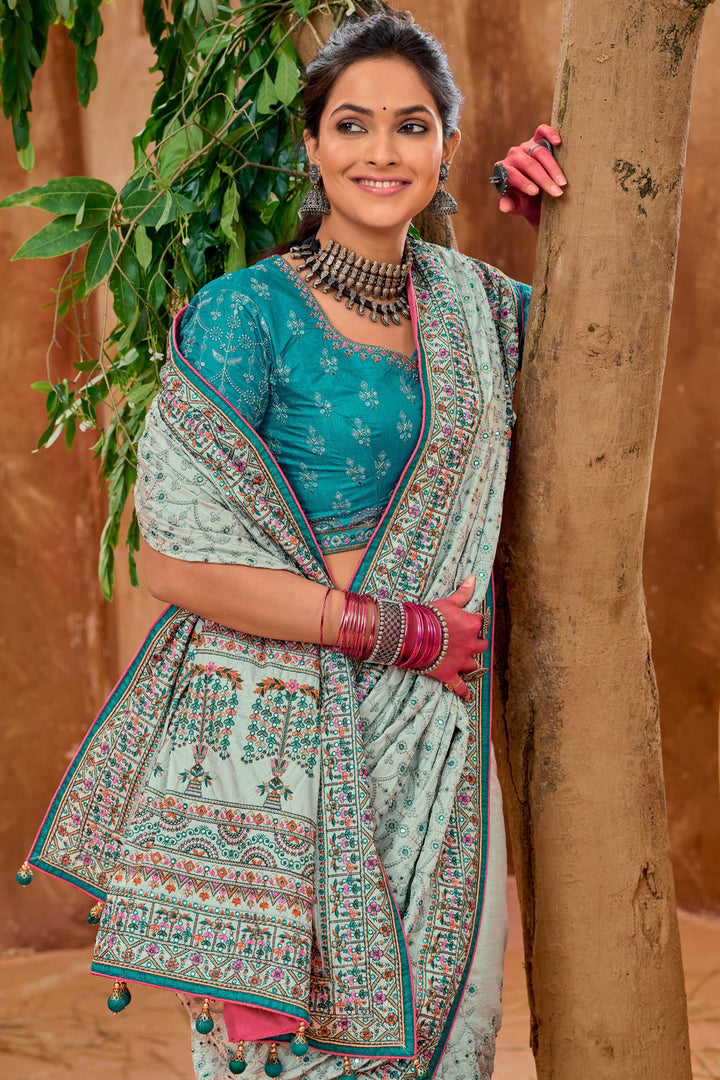 Banarasi Silk Fabric Grey Color Heavy Embroidered Wedding Wear Trendy Saree