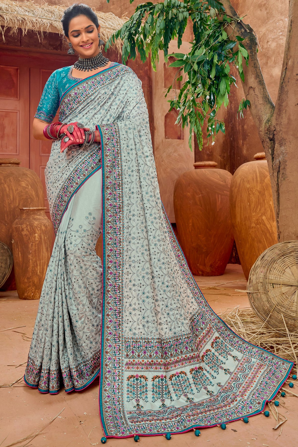 Banarasi Silk Fabric Grey Color Heavy Embroidered Wedding Wear Trendy Saree