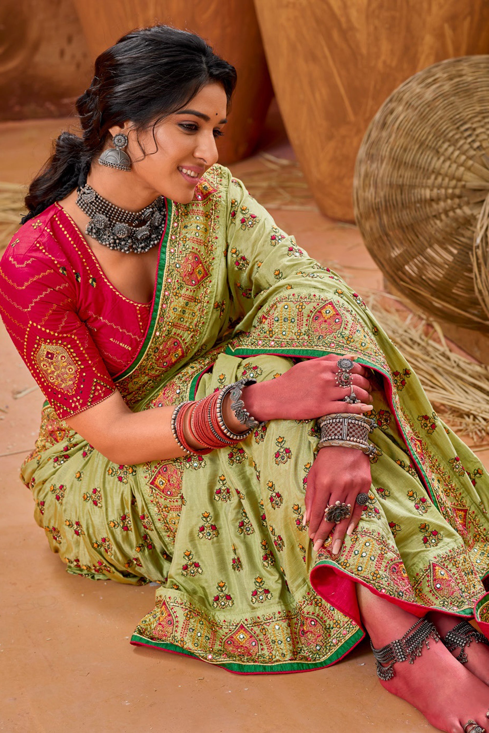 Green Color Heavy Embroidered Banarasi Silk Fabric Sangeet Wear Saree