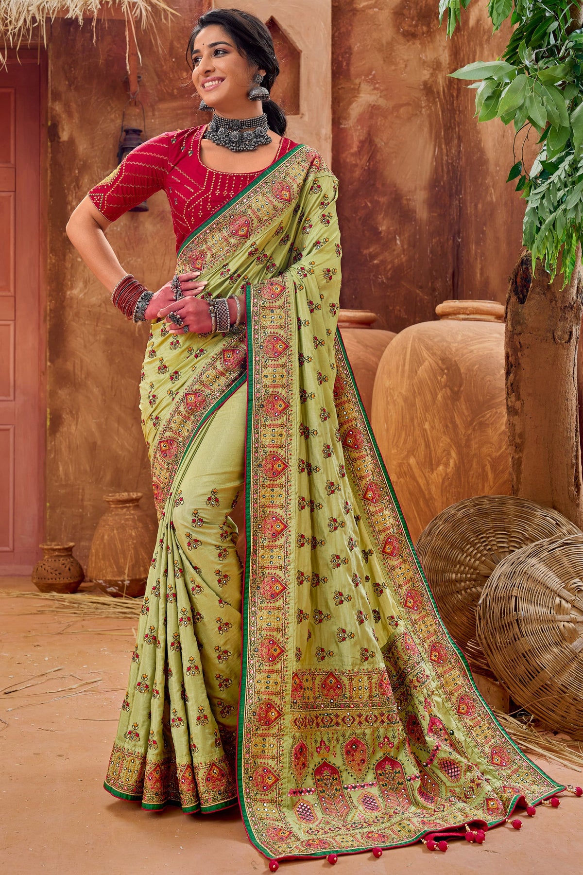 Green Color Heavy Embroidered Banarasi Silk Fabric Sangeet Wear Saree