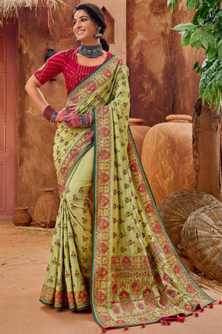 Green Color Heavy Embroidered Banarasi Silk Fabric Sangeet Wear Saree